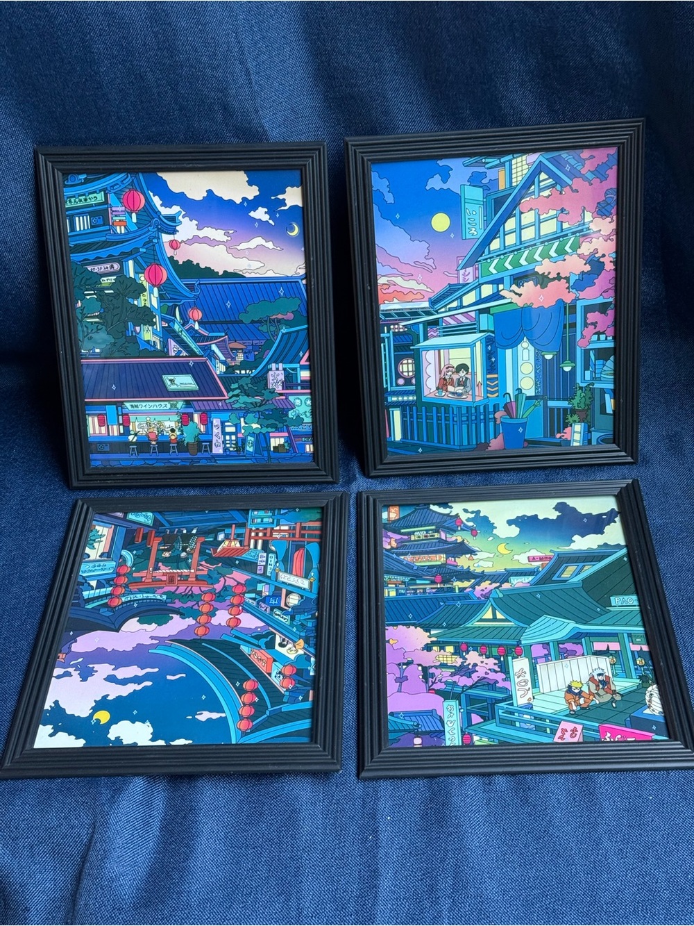 Size 11x9 - Japanese Anime Cyberpunk Cityscape Framed Art Prints Set of 4